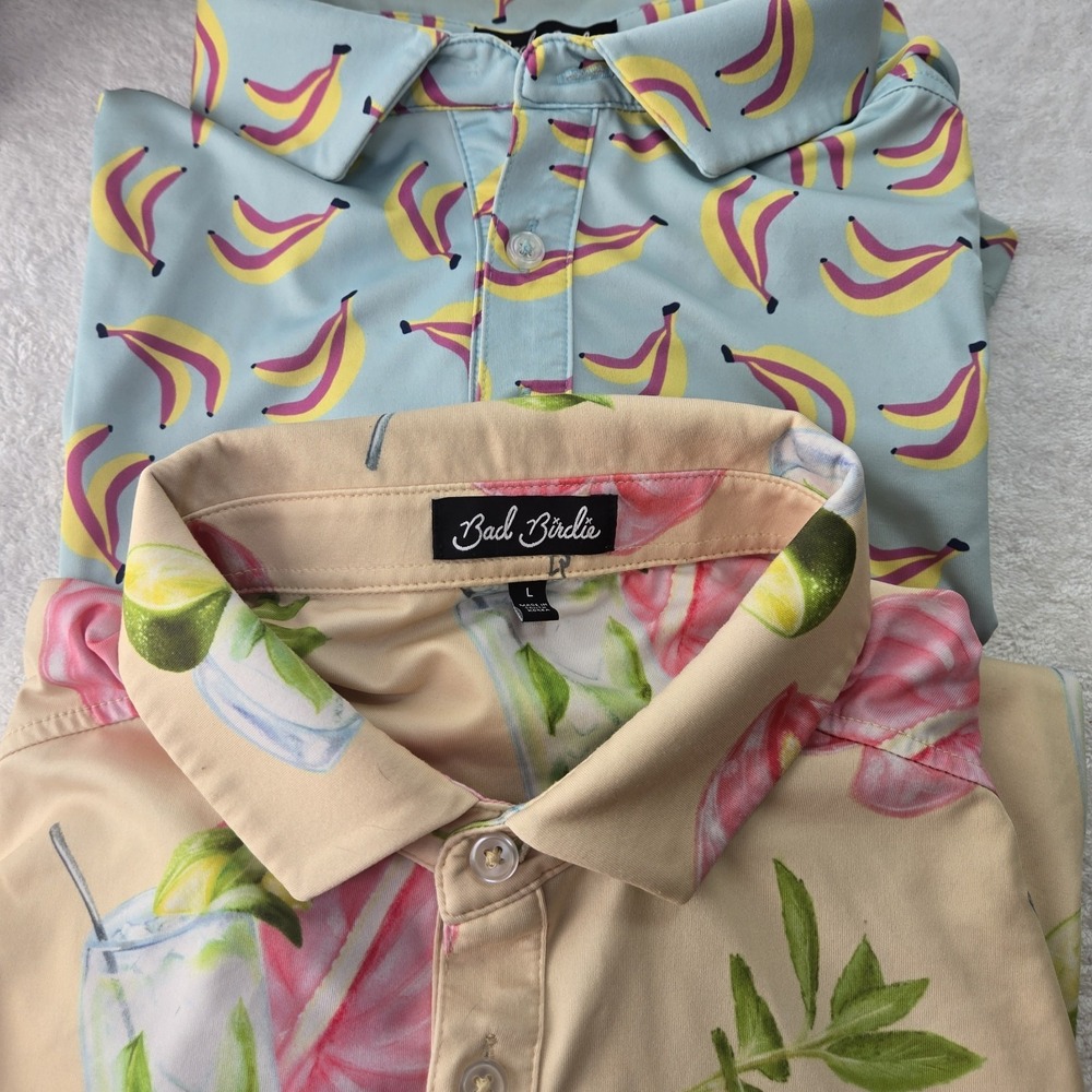 Bad Birdie Golf Polo Bundle Mens L Banana Print Mojito Tropical Shirts 2pc